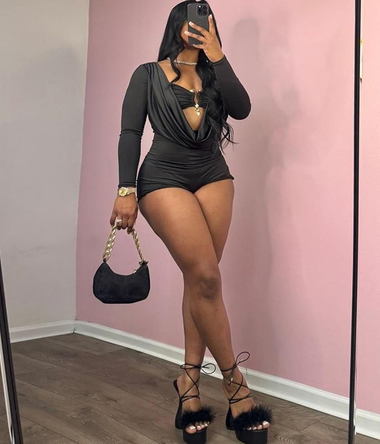 Jumpsuits for Women Sexy Deep V Neck Long Sleeve Romper Solid Color Bodycon Shorts Jumpsuit Going Out Outfits