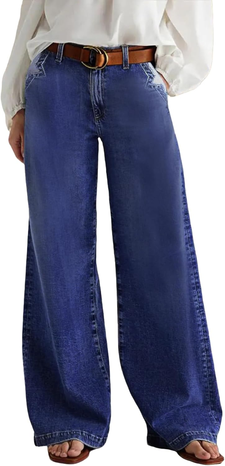 Madrirdma Wide Leg Jeans for Women Mid Waist Baggy Stitch Decor Denim Washed Pants Without Belt