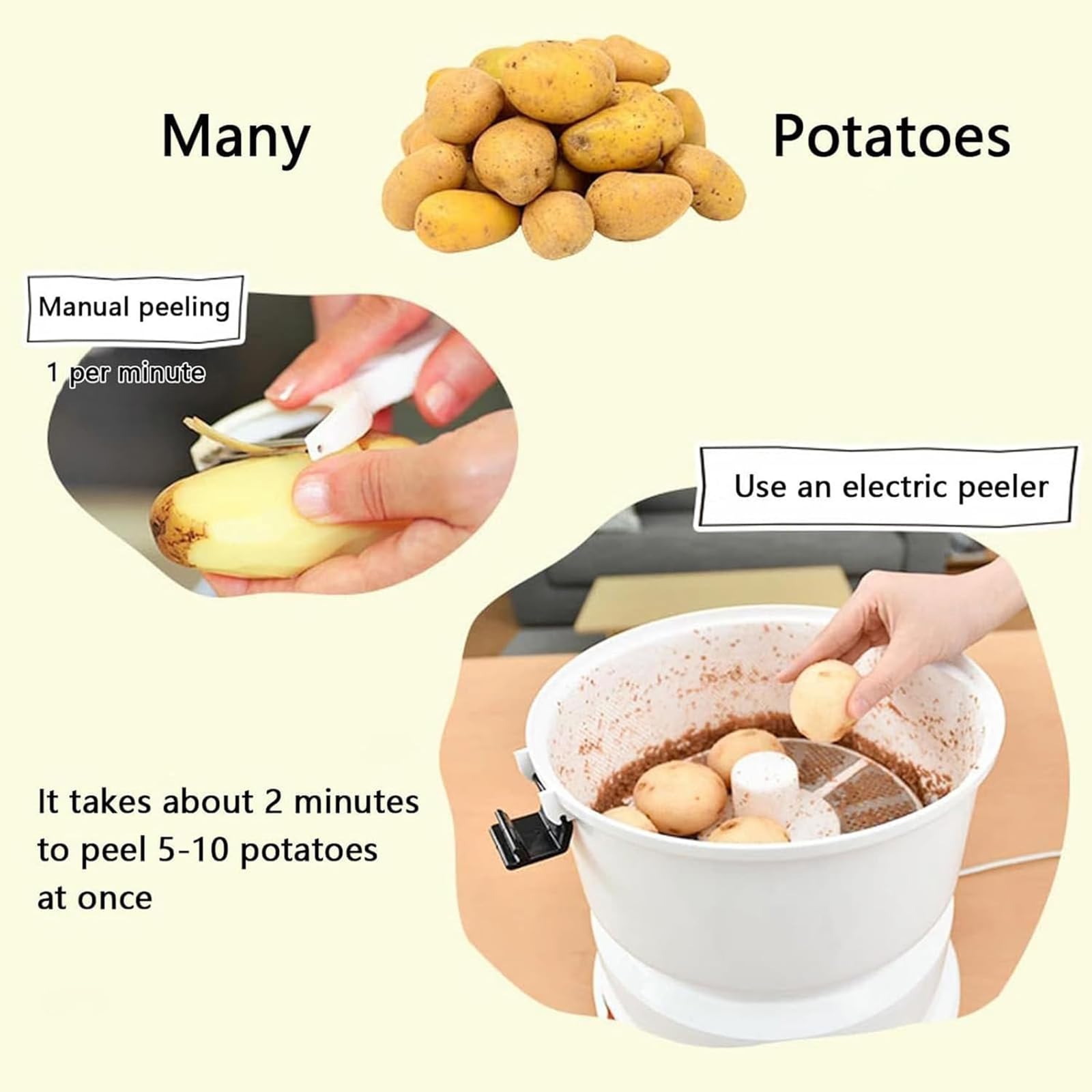 Pelador eléctrico de patatas, máquina giratoria automática de acero inoxidable, fácil de pelar verduras de cocina