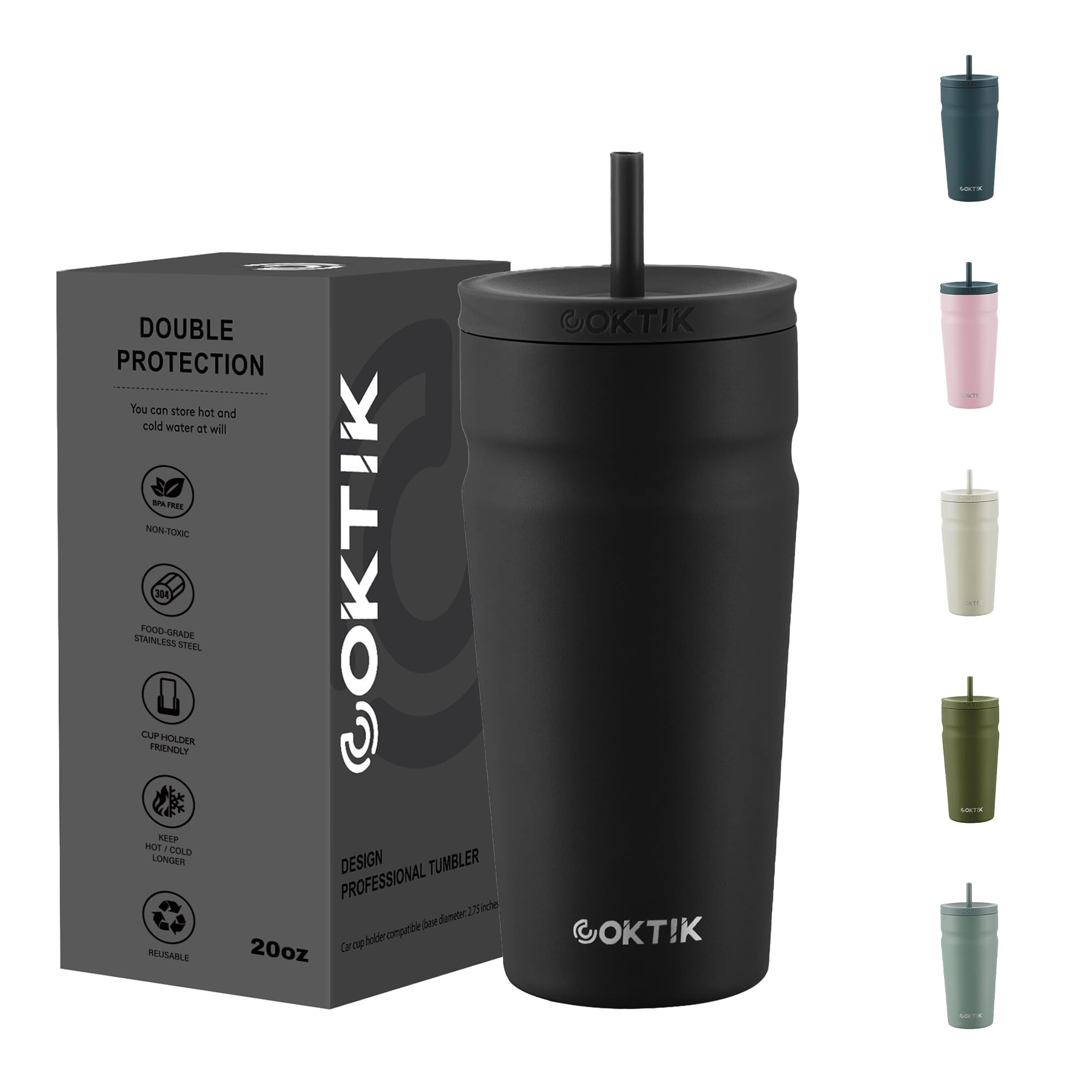 COKTIK 20oz Insulated Tumbler with Lid and Straw Iced Coffee Cup Reusable Stainless Steel Travel Mug Water Bottle Cupholder Friendly for Women Men Her
