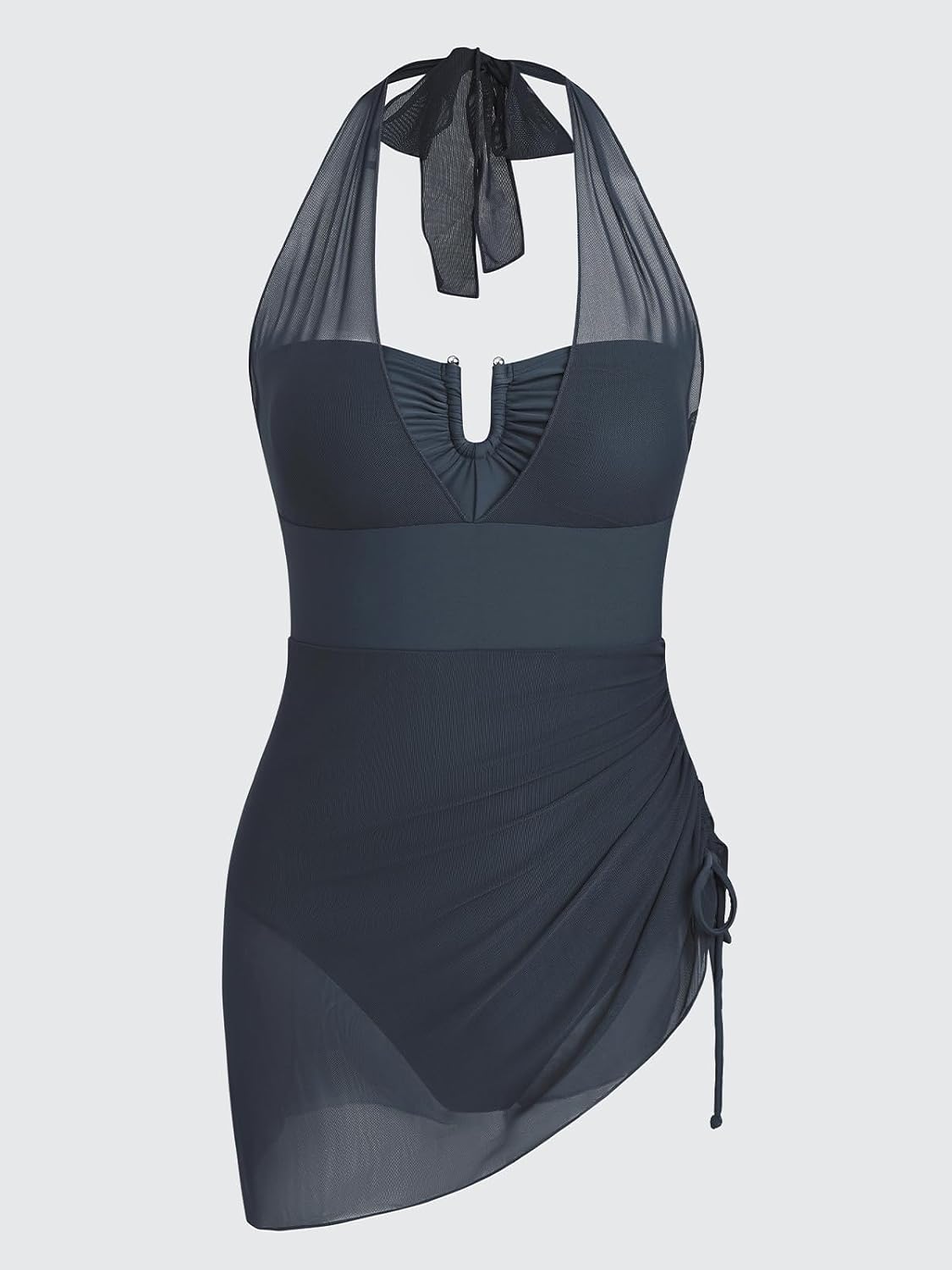 CUPSHE Women's One Piece Swim Dress Swimsuit U Wire Neck Halter Bathing Suit Asymmetrical Drawstring Mesh Wide Straps