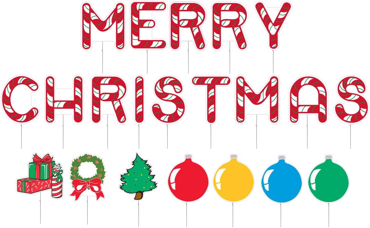 Merry Christmas Candy Cane Yard Letters Sign with Stakes Presents Ornaments Tree Happy Holidays Big Display for Your Lawn