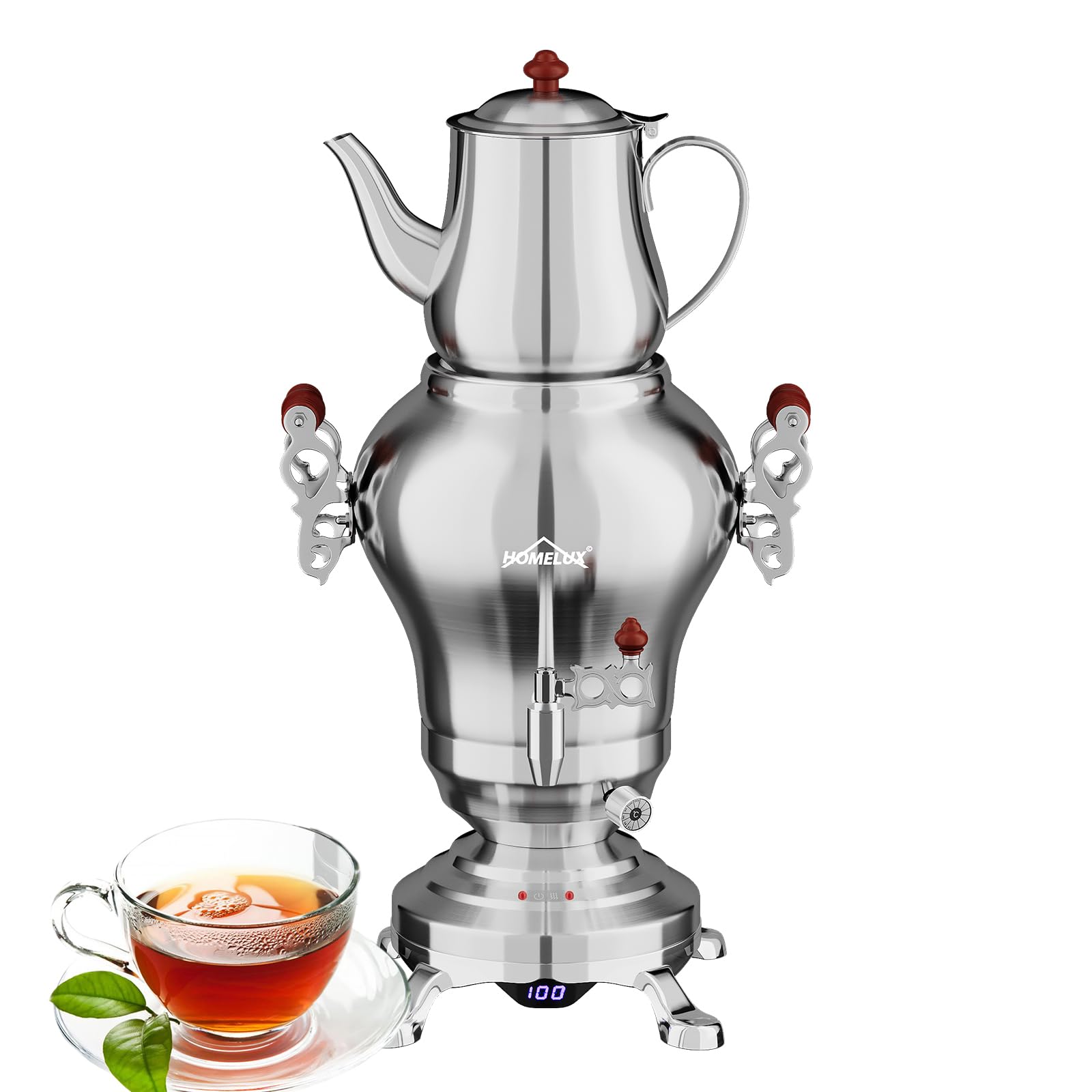 HOMELUX Samoware Edelstahl Elektrischer, 1850W Türkische Teekannen, 2.5L +1.2L Teemaschine Teekocher Wasserkocher mit Warmhaltefunktion, Intelligente Temperaturregelung, Trockengehschutz