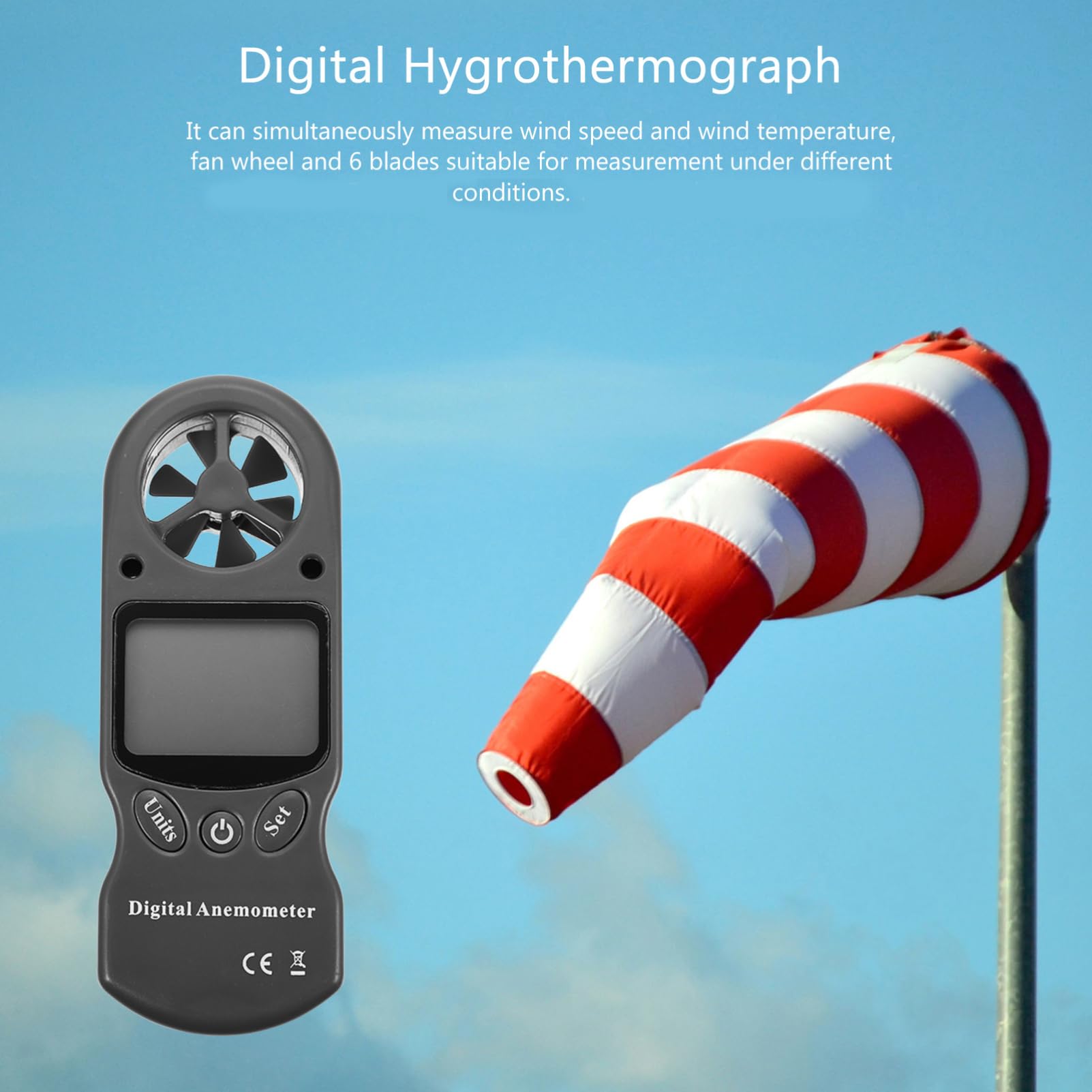 GLEAVI Higrotermógrafo Digital Portátil con Medición de Velocidad del Viento, Resistente Plástico Negro y Bolsa de Almacenamiento para Industria Aeronáutica