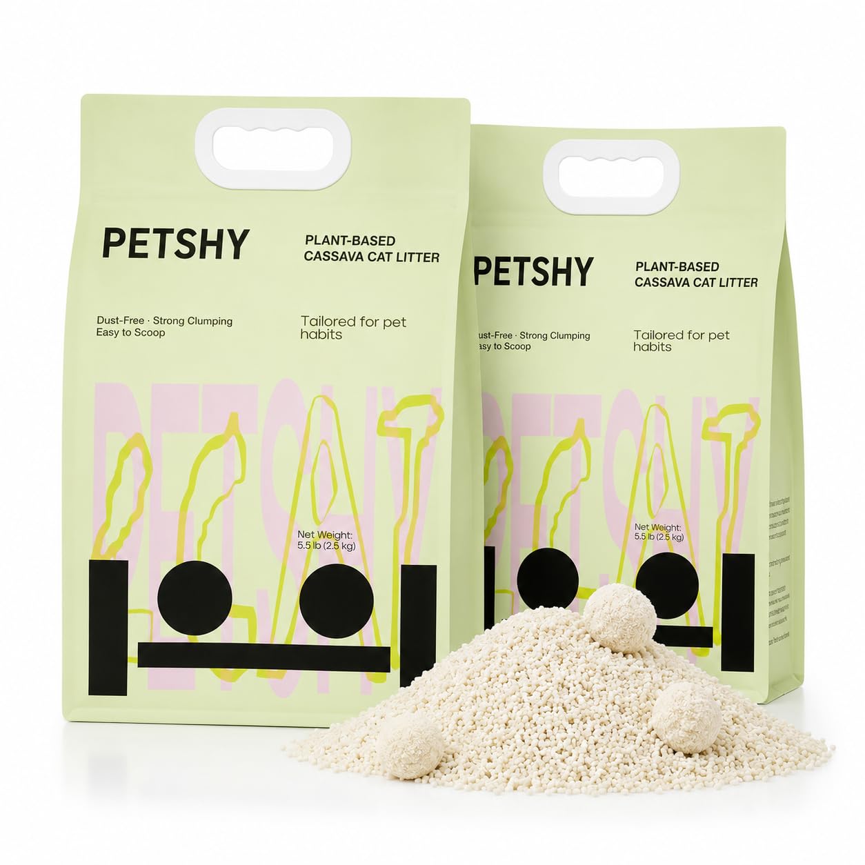 PETSHY Plant-Based Cassava Cat Litter 2 x 2.5kg | Strong Clumping | Low Dust | Fast Absorption | Natural Odour Control | Easy Scooping