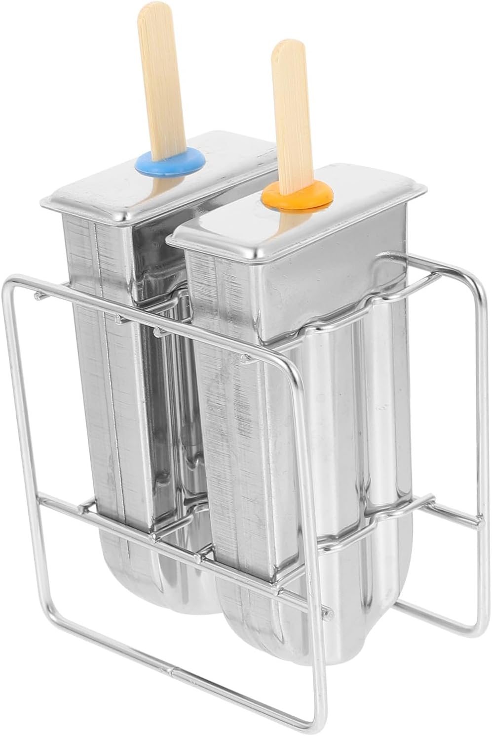 2-Cavity Stainless Steel Ice Cream Mold with 50 Sticks, Household DIY Metal Ice Pop Making Tool with Round Head and Double Slot Design, Includes Stainless Steel Frame for Chilled