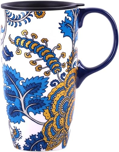 Miniatura 7 de DUSVALLY Taza de café de cerámica para el hogar y la oficina, 17 oz. Tapa deslizante resistente a salpicaduras y asa, apta para lavavajillas y