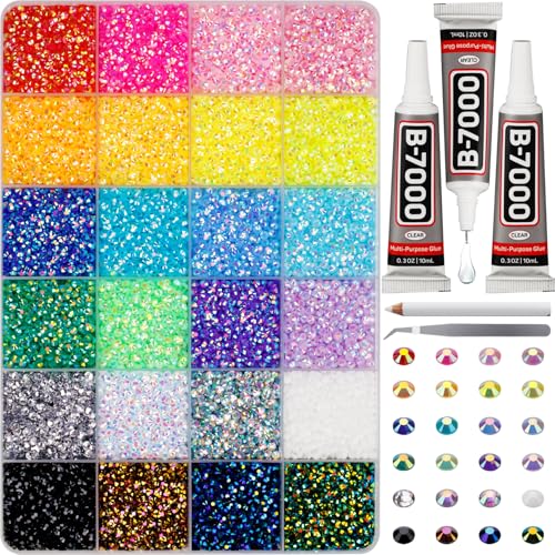 32500Pcs Rhinestones for Bedazzling, 3mm Bedazzler Kit with Flatback Rhinestones for Clothes Crafting Crafts Nails Clothing, Flat Back Resin Rainbow Colorful Colored Crystal with B 7000 Glue Clear