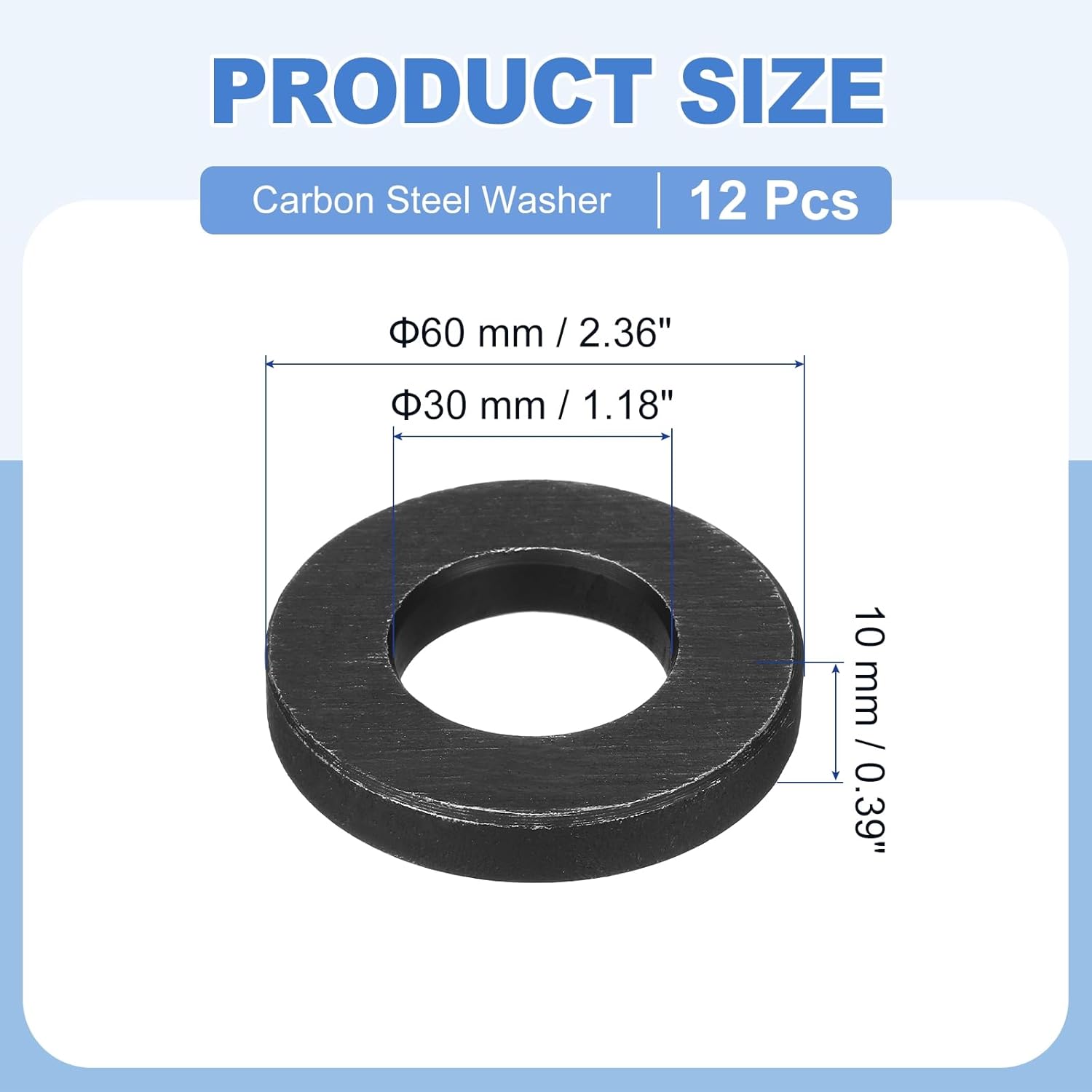MECCANIXITY 12pcs 1-3/16" Black Flat Washer for M30 Screw, Steel Metal Washers 30mm ID 60mm OD 10mm Length for Industrial, Screws Bolts