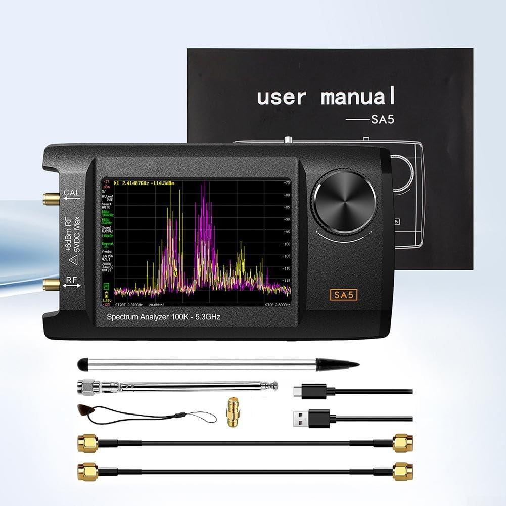 Analizador de mano 100 kHz-5.3 GHz, generador de señal SA5 con LCD IPS de 4 pulgadas, batería de 5000 mAh, 20 dB, control de PC USB, detector armónico RF para pruebas de campo de laboratorio (A)