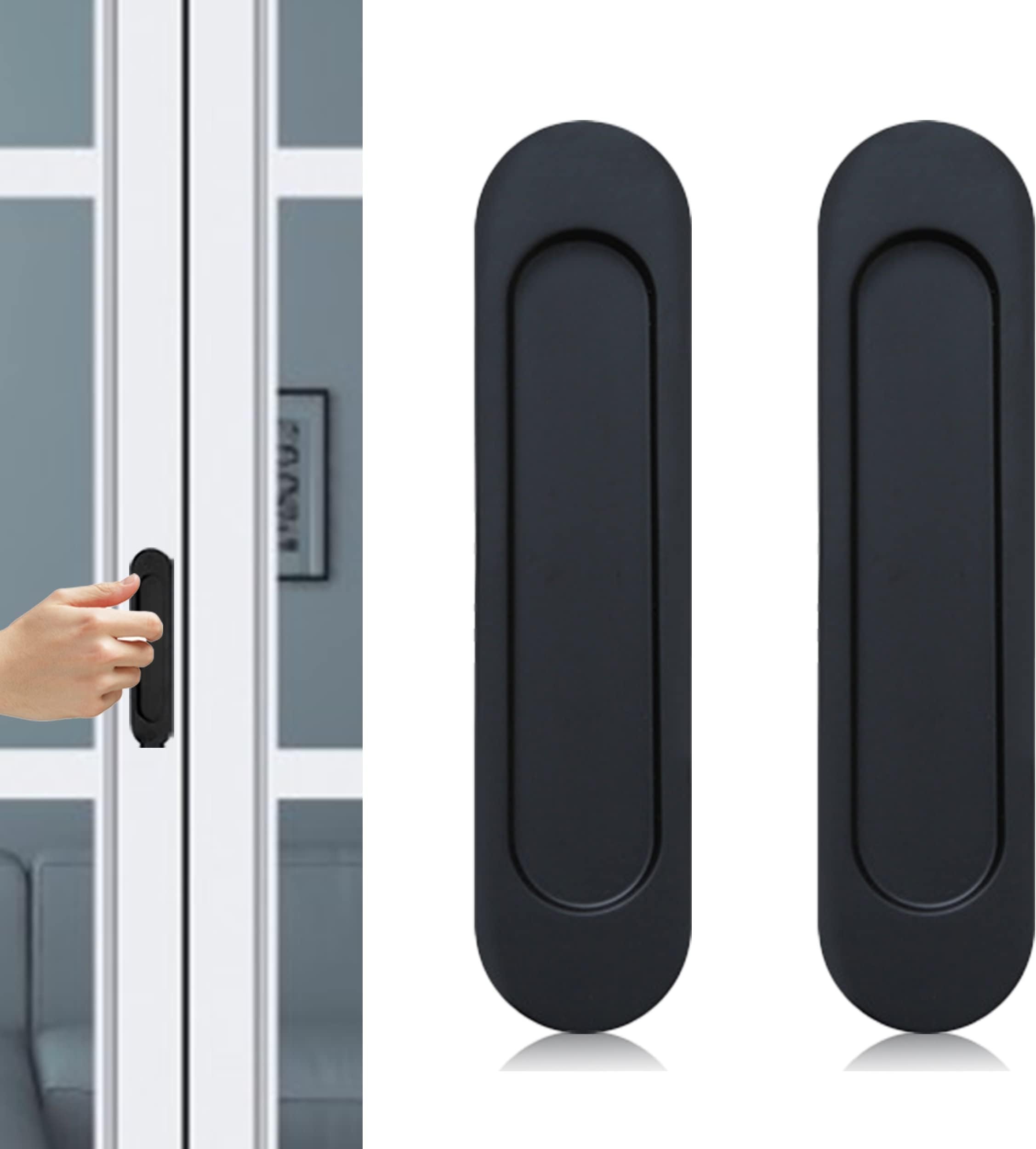 Oval Sliding Door Pulls, 2Pcs Matte Black Aluminum Alloy Flush Pull Punch-Free Handle Closet Door Finger Pulls for Sliding Barn Door Windows Cabinets