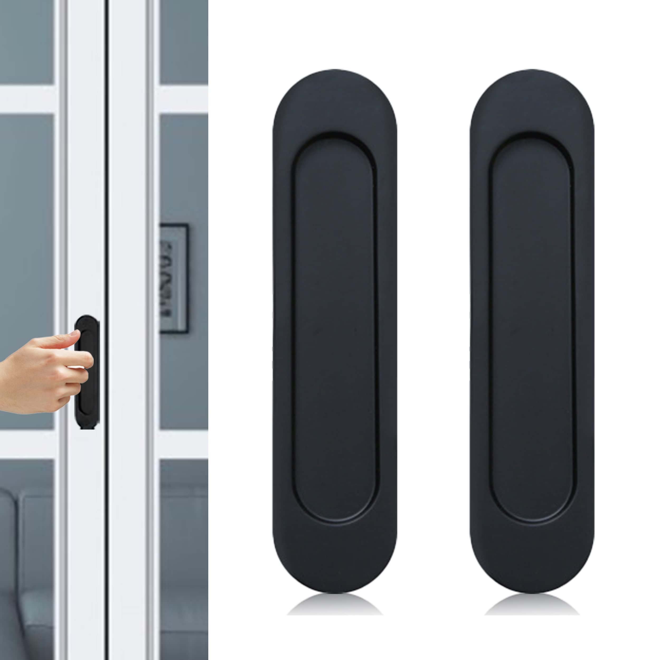 Oval Sliding Door Pulls, 2Pcs Matte Black Aluminum Alloy Flush Pull Punch-Free Handle Closet Door Finger Pulls for Sliding Barn Door Windows Cabinets