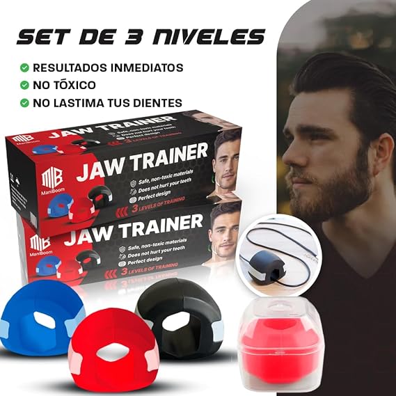 ManiBoom Jaw Exerciser 3 Levels (15-25 kg) - Silicone Front Jawliner for Face and Neck Toning - Jaw Exerciser with Cases