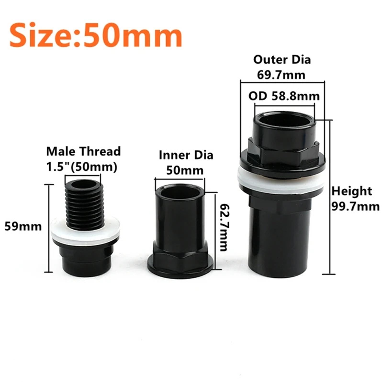Conector de tubería de Tanque de Agua, Conector de Tubo de PVC de 20-50 mm, Negro, for depósito de Agua, Acuario, desagüe, Entrada/Salida de riego(50mm)