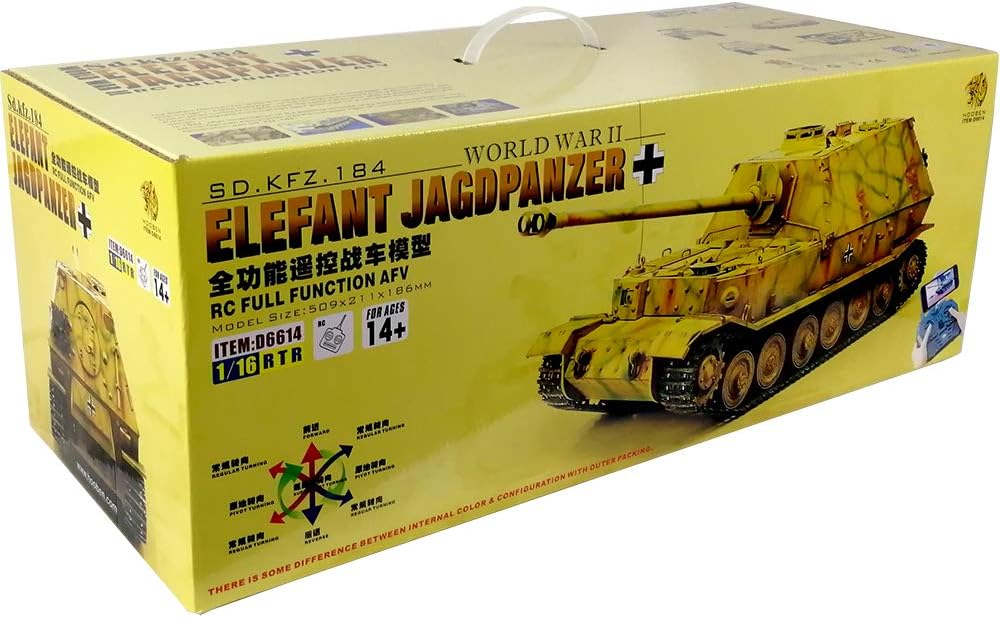 RTR RC Tanks German Full Set 1/16 Elefant Jagdpanzer Ferdinand Radio Control Full Function(Ready to Run, Assembled &Camouflag Painted) with Metal Gearbox,Sprocket,Idler,Metal Suspension D6614F