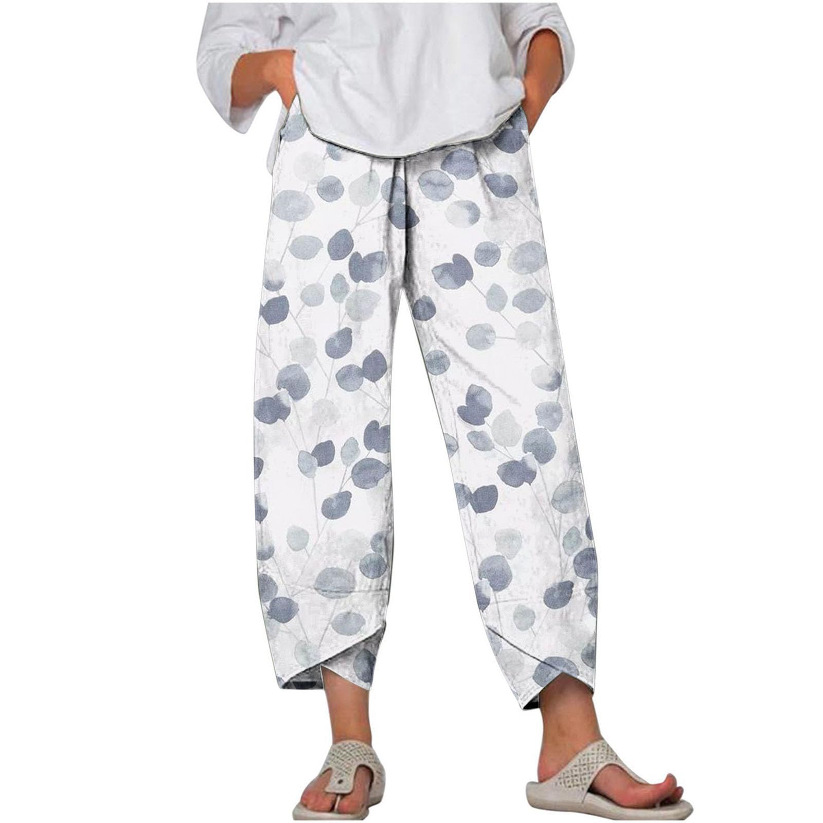 7/8 Hosen Damen Sommer Musselin Leinen Damen Hose Leinen Baumwolle Farbverlaufsdruck Sommerhose Casual Leichte Bequeme Luftige Freizeithose Strandhose Mit Taschen Stretch High Waist mit Kordelzug