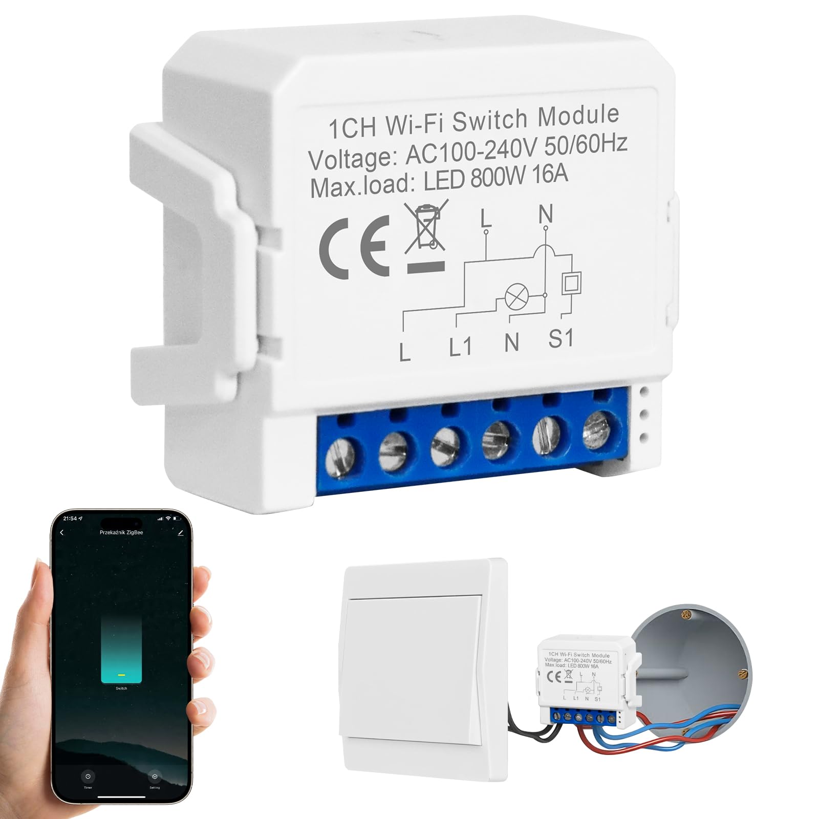 1PC Interruptor Inteligente WIFI, Interruptor WIFI, Interruptors Inteligentes Alexa, Interruptors de Luz Inteligente con Smart Life y Tuya, Mini Smart Switch Wi-Fi Compatible con Alexa y Google Home