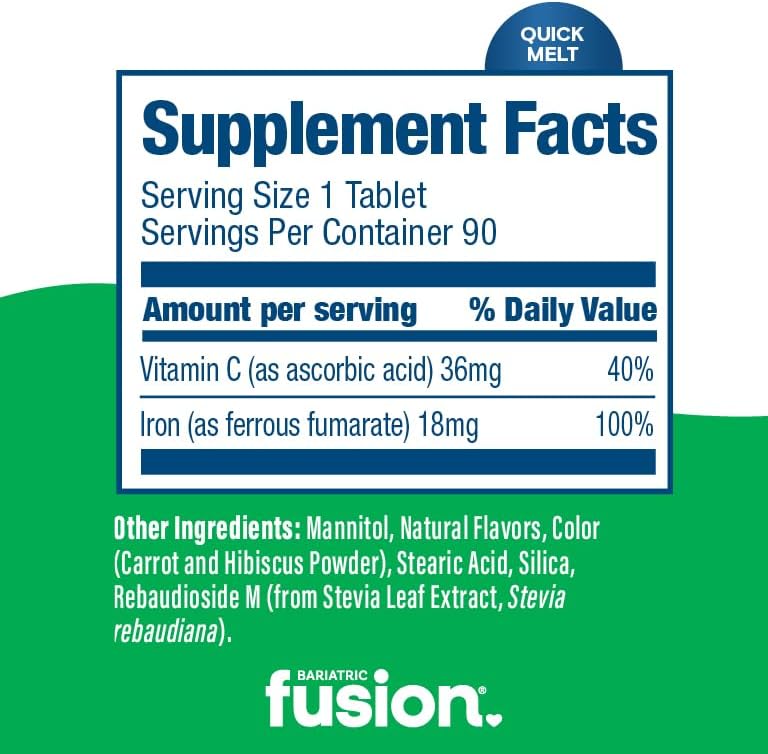 Bariatric Fusion Iron Supplement for Women Quick Melt | Sugar Free Dissolvable Chewable Iron Tablets | Ferrous Fumarate 18 mg Iron with Vitamin C | Melon Berry | Gluten, Dairy and Soy Free | 90 Count - Image 4
