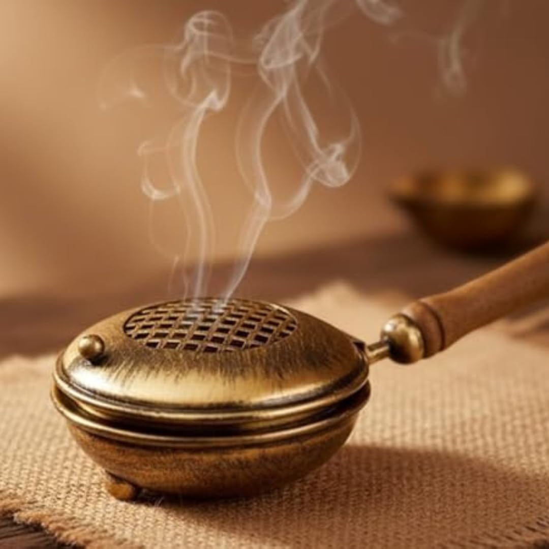 ServDharm Dhoop Dani with Handle | Incense and Loban Burner Dhuni Stand for Home, Office and Temple Pooja | Metal Dhoop Dani Antique Gold, Round, 4.4 Inch |11.4 cm