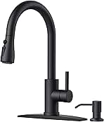 FORIOUS Black Kitchen Faucet with Soap Dispenser and Pull Down Sprayer, Bar High Arc Single Handle Classic 3 Modes Stainless Steel Faucet for Kitchen Sink Farmhouse RV Laundry Camper