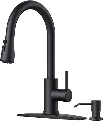 FORIOUS Black Kitchen Faucet, with Soap Dispenser and Pull Down Sprayer | Lead-Free Stainless…