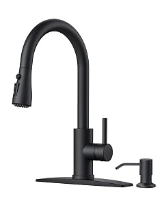 FORIOUS Black Kitchen Faucet with Soap Dispenser and Pull Down Sprayer Bar High Arc Single Handle Classic 3