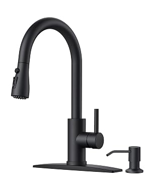 FORIOUS Black Kitchen Faucet with Soap Dispenser and Pull Down Sprayer Bar High Arc Single Handle Classic 3