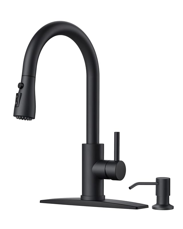 FORIOUS Black Kitchen Faucet with Soap Dispenser and Pull Down Sprayer Bar High Arc Single Handle Classic 3