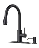 FORIOUS Black Kitchen Faucet with Soap Dispenser and Pull Down Sprayer, Bar High Arc Single Handle Classic 3 Modes Stainless Steel Faucet for Kitchen Sink Farmhouse RV Laundry Camper