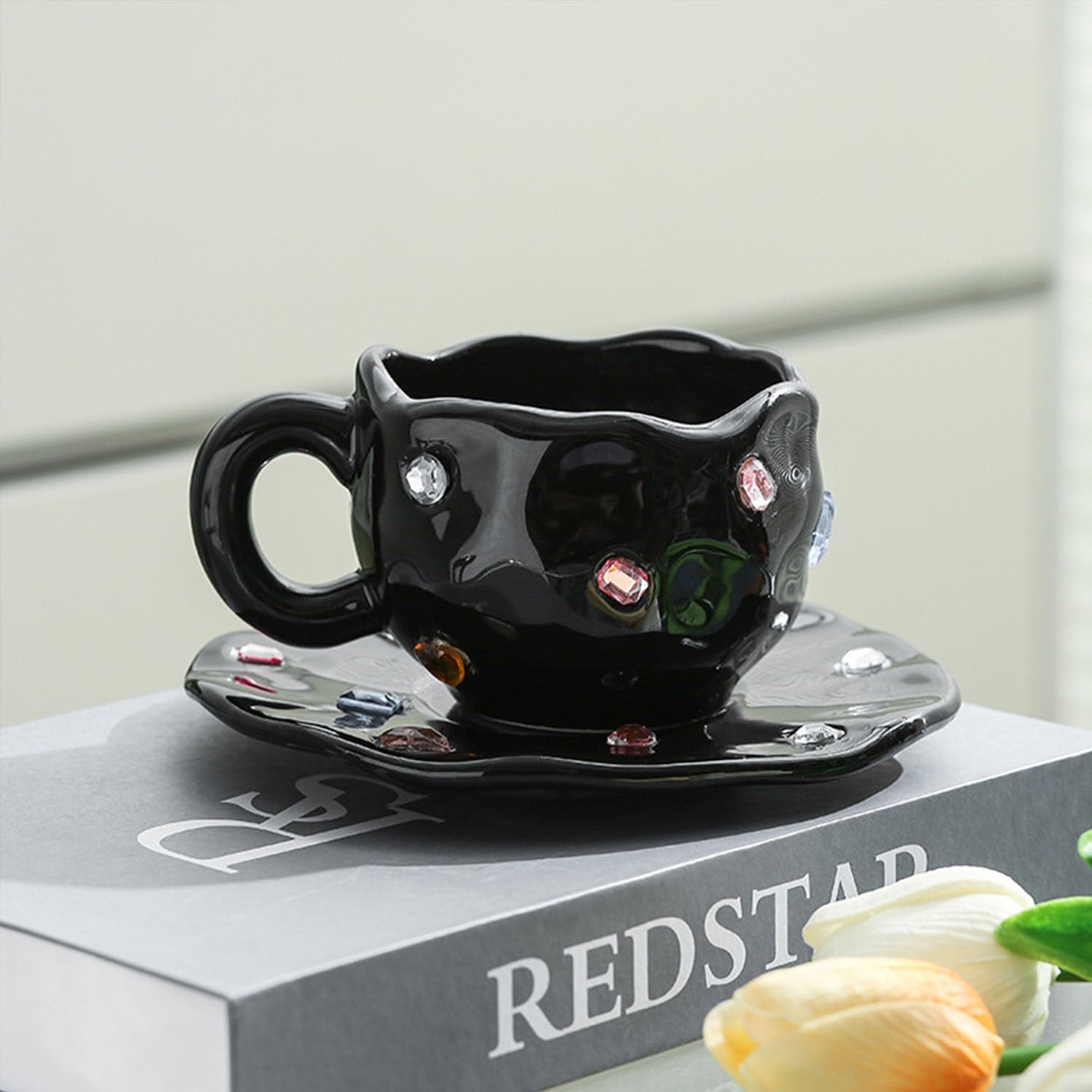 Tazza da caffè, tazza da caffè in ceramica con set di piattini, tazza da caffè creativa con pietre preziose, tazza da caffè irregolare for casa e ufficio, perfetta for latte, tè e latte(Black)