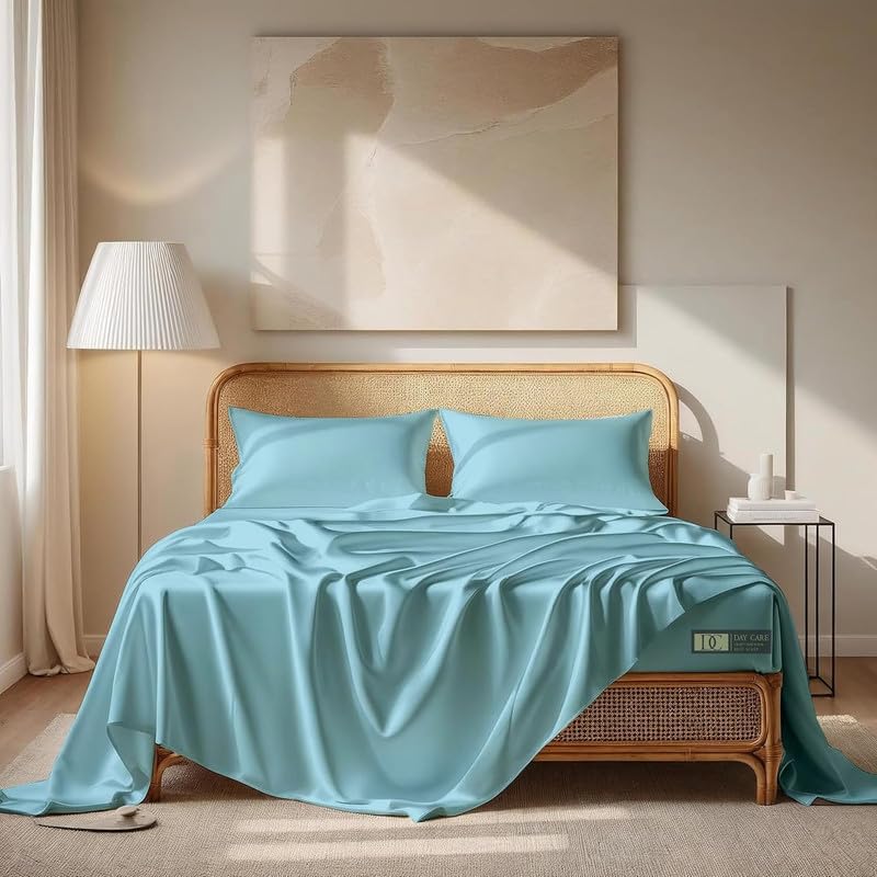 Image of Day Care-Luxury Satin Flat Double Bed (90x100 Inchs) Bedsheet|Ultra Soft Silky Smooth Touch|Breathable, Lightweight & Skin Friendly|Wrinkle Resistant|Dreamy Blue