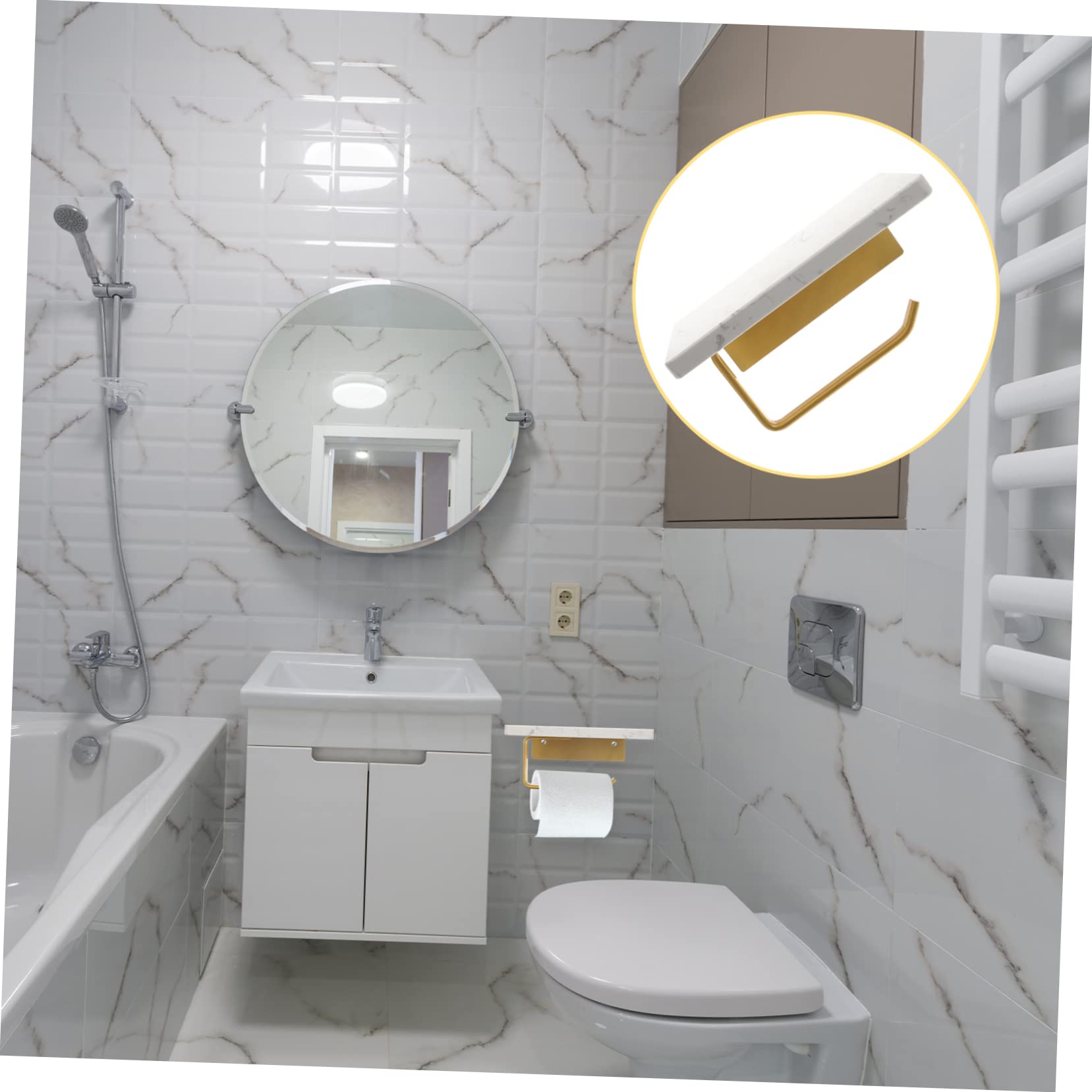 UKCOCO Portarrollos de Papel Higiénico de Mármol Blanco, Soporte de Aluminio Montado en Pared con Estante, Fácil de Instalar para Baño