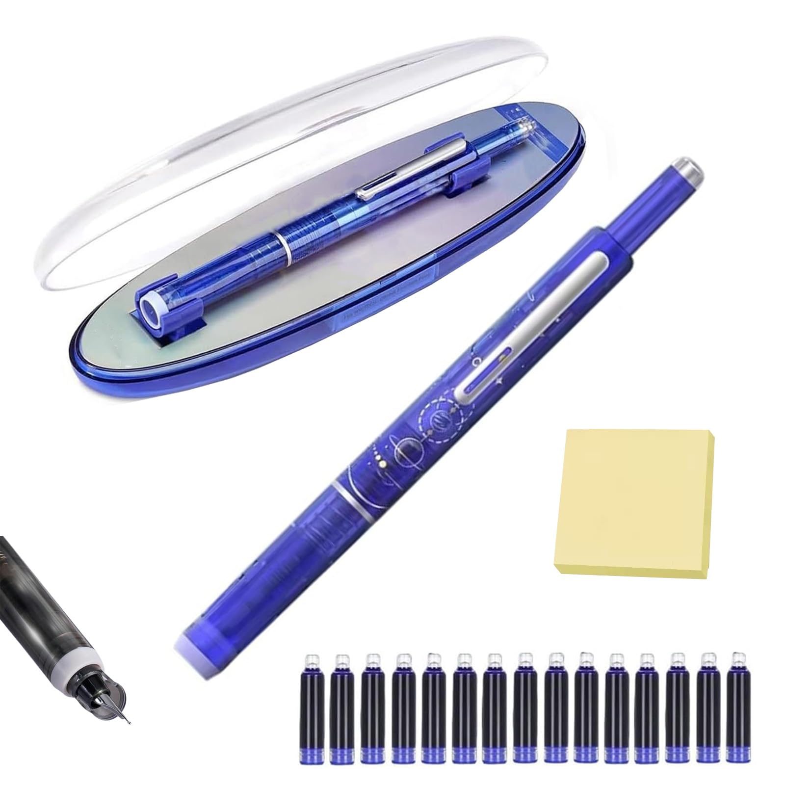 Retractable Fountain Pen, Fountain Pen Retractable:0.38mm Blue&Black Ink Transparent Barrel Includes 15 Refillable Ink Cartridges, for Smooth Writing No Leaking (Dark Blue,Blue)
