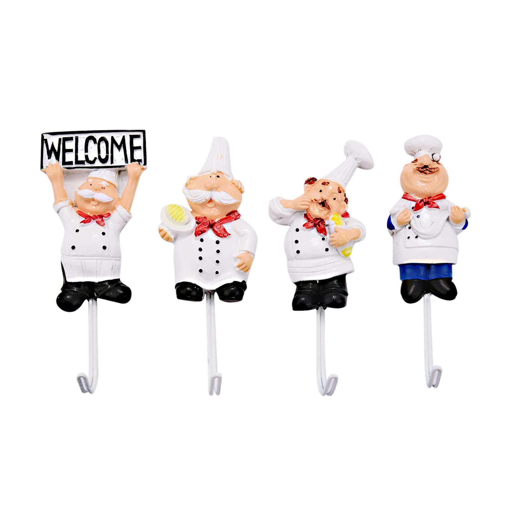 qimoi Pack of 4 Resin French Chef Figurine Wall Hooks Decorative Cook Wall Mount Rack Hook Hanger(Assorted Style)