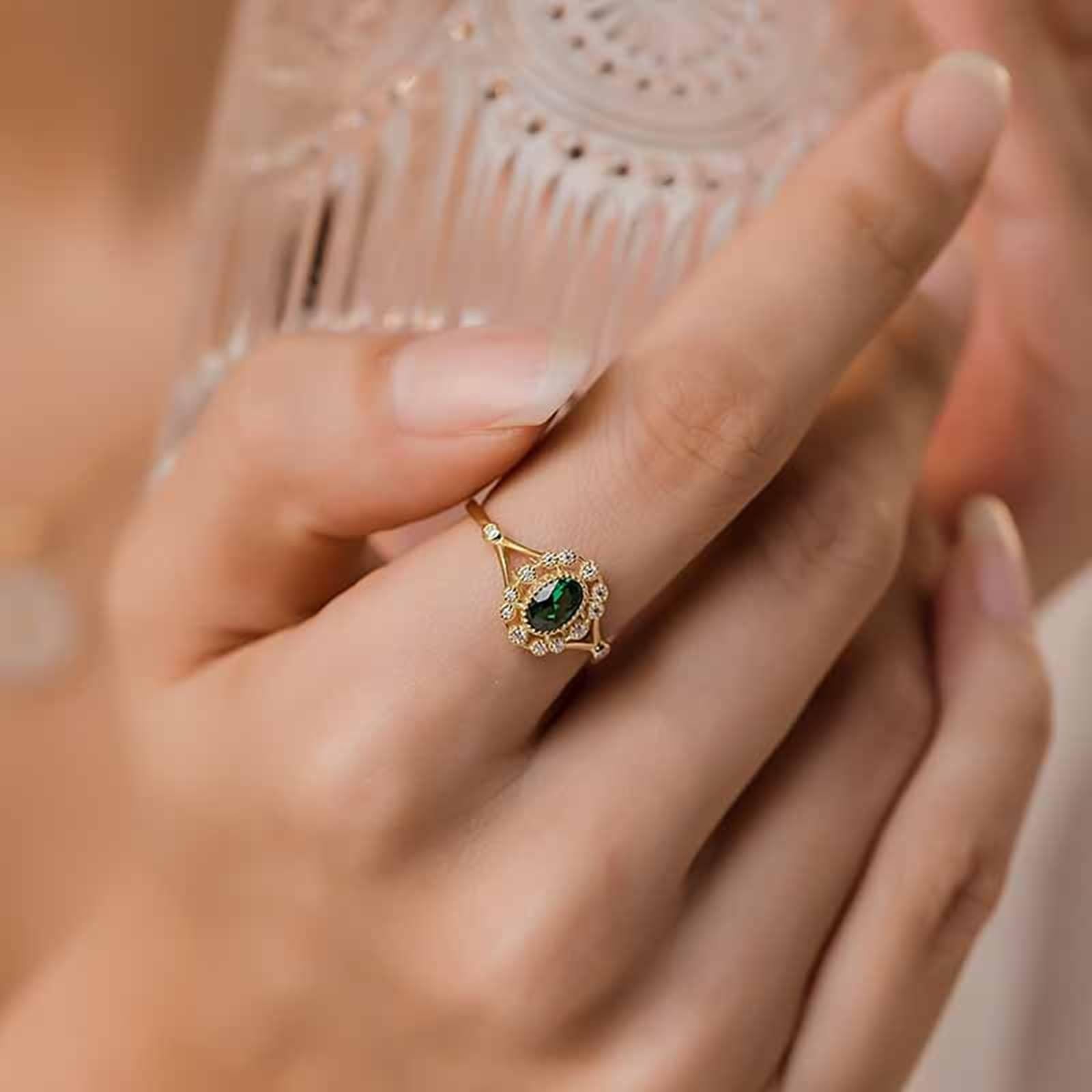 AMDXD 18K Gold Trauringe Echt Gold, Hohl Blumen Bandringe mit Tsavorite Grün Ovalschliff, Au 750 Diamant Eheringe Diamantring, Gr.47-65