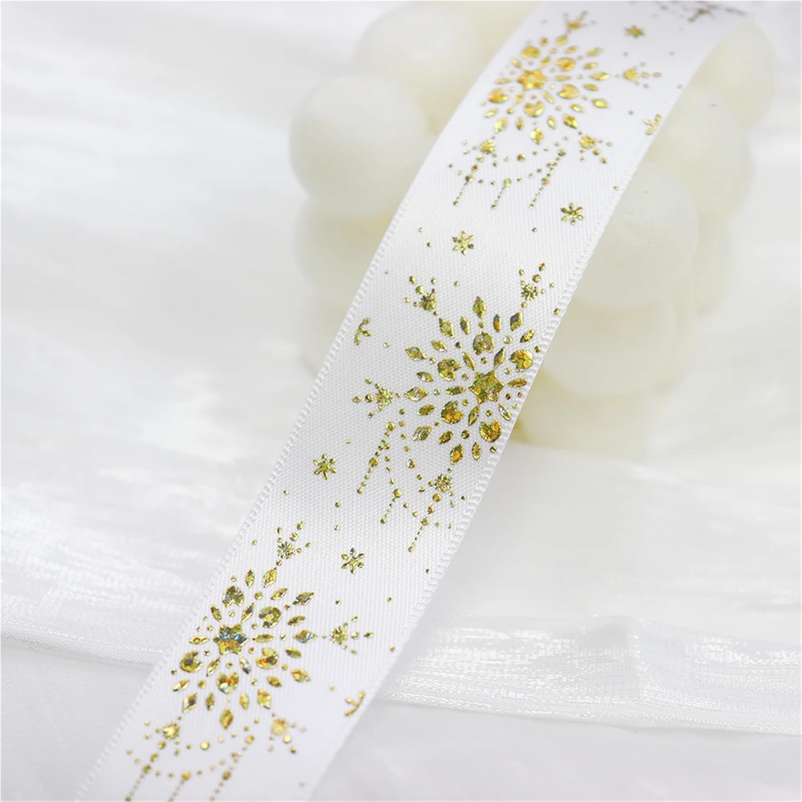 Satinband 1'' 25mm Laser Gold Folie Schneeflocke Gedruckt Satin Band for Party Dekoration Verpackung DIY Nähen Zubehör(Color-01,100Yards)