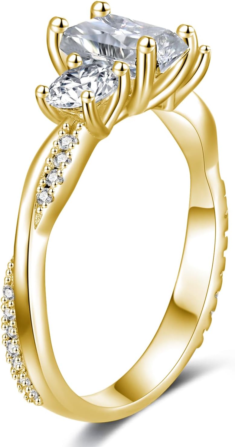 1.76 Carat (ctw) 3-Stone Emerald-Cut Moissanite Twisted Bridal Sets Wedding Engagement Ring Set for Women White Gold Wedding Band Engagement Rings Customizable Sterling Silver/10k gold/14k gold/18k gold