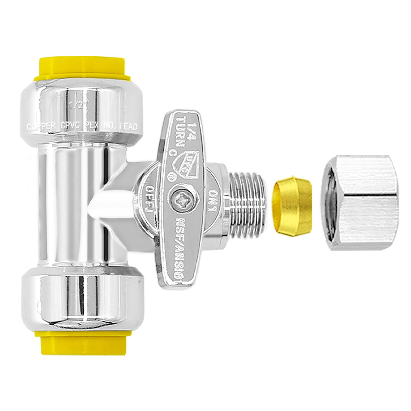 Push Fit Tee Stop Valve - 1/2" Push x 1/2" Push x 3/8" Compression Water Shut Off Valve,1/4 Turn Chrome Water Line Splitter for Cooper, PEX,PVC Pipe, Tubing