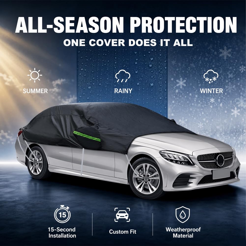 Auto Halbgarage Wasserdicht Atmungsaktiv Autoabdeckung, Universal Halbgarage für Auto Allwetterschutz vor Regen, Staub, Sonne und Laub für Windschutzscheibe Schwarz