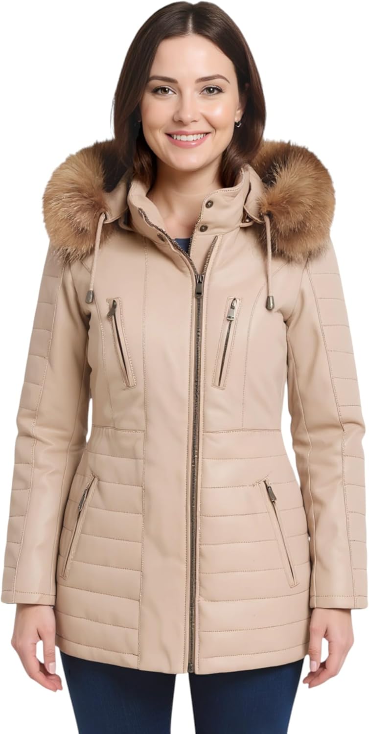 Women's Leather Parka Jacket Quilted Detachable Hooded Trench Coat - Image 2