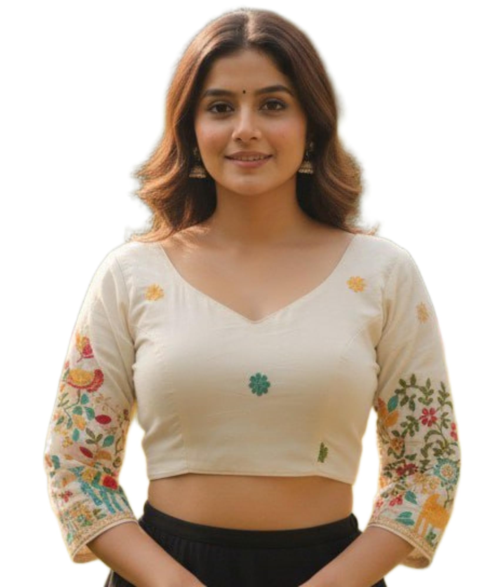 Women's Heavy Pure Cambric Cotton Blouse with Embroidery Work | Front V Neck Back Hook Open Saree Blouse | 17 Inch Long Sleeve Blouse-PT-4557-image-28