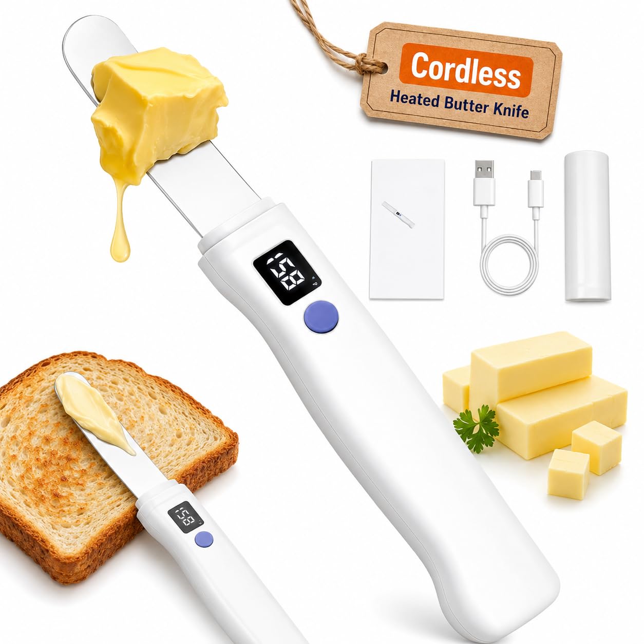 Esparcidor de cuchillos de mantequilla calentado inalámbrico: 2 configuraciones de calor (131 °F y 158 °F), resistente al agua Ip68, derrite rápidamente mantequilla dura fría y aceite de coco, queso