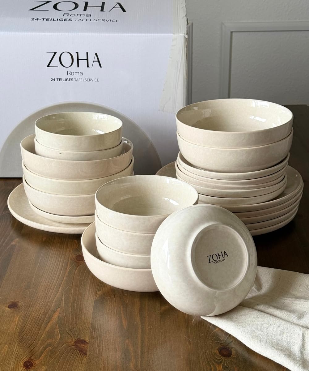 Zoha Roma Geschirrset 6 Personen – modernes 24-teiliges Porzellan Tafelservice in Beige – stilvolles Geschirrset 6 Personen – Kombiservice skandinavischer Stil – spülmaschinen- & mikrowellengeeignet