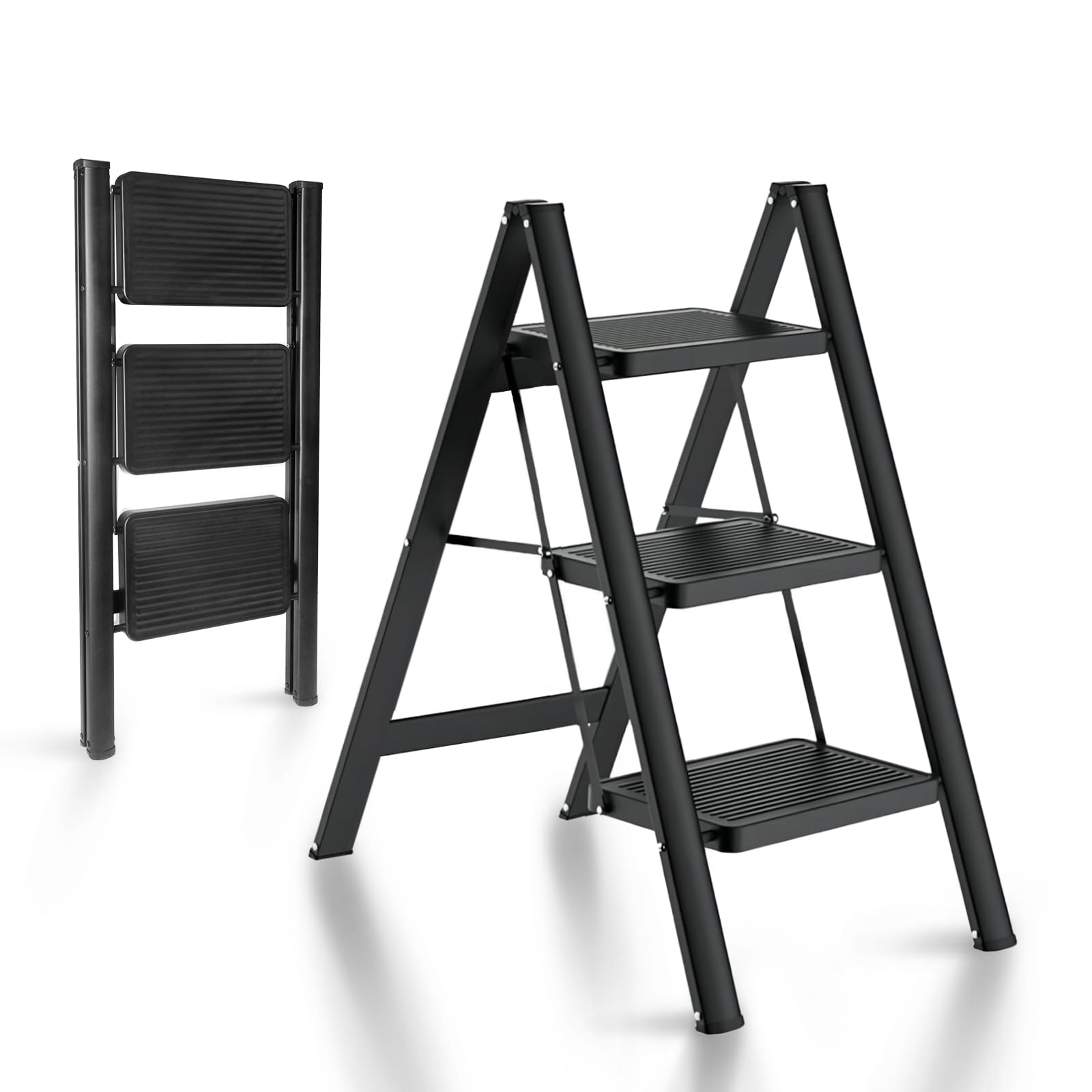 3 Step Ladder, Folding Step Stool for Adults with Wide Anti-Slip Pedal, Lightweight, Perfect for Kitchen& Household, Library Office,330lbs Capacity Sturdy Steel Ladder?Black?