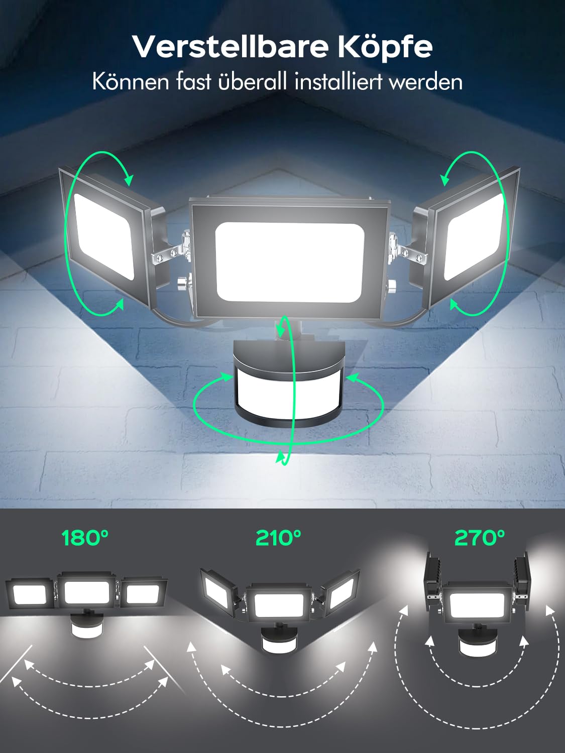 LED Strahler mit Bewegungsmelder außen, 100W 10000LM Außenstrahler mit Verstellbaren 3 Köpfe, 6500K Kaltweiß LED Scheinwerfer mit Fernbedienung, IP65 Wasserdicht Flutlicht für Garage, Hof