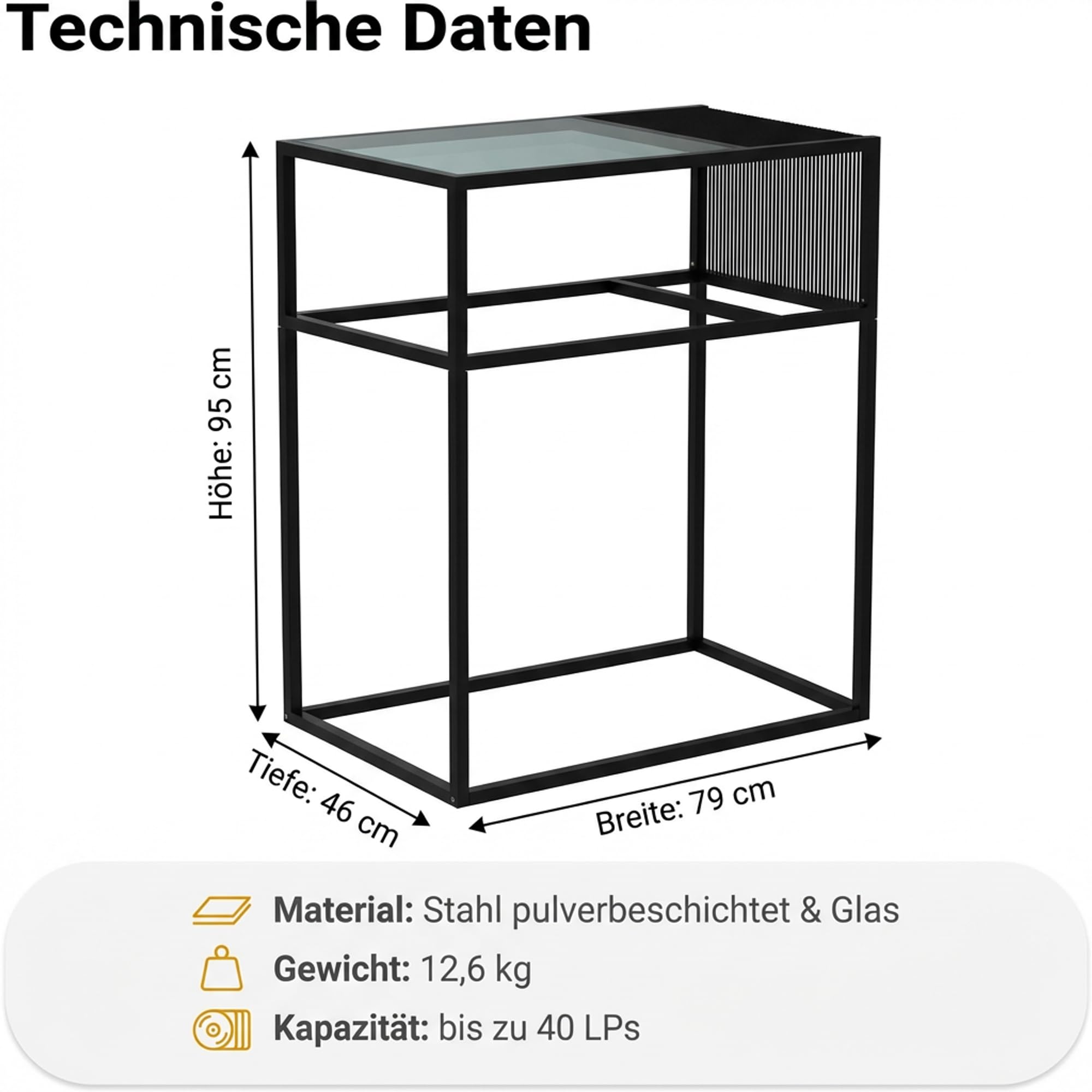 Zomo Pura One Plattenspieler Regal - 790 x 460 x 950 mm - Schwarz - Schallplattenständer für bis zu 40 LPs - Pulverbeschichteter Stahl & getöntes Glas