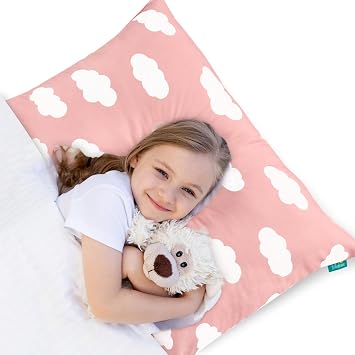 Biloban Toddler Pillow for Sleeping, Kid Pillow 14" x 19" for Small Travel Bed, Nap Pillows, Soft & Skin-Friendly Small Pillows for Sleeping, Toddler Use Only, Age 2 to 5 Pink Cloud