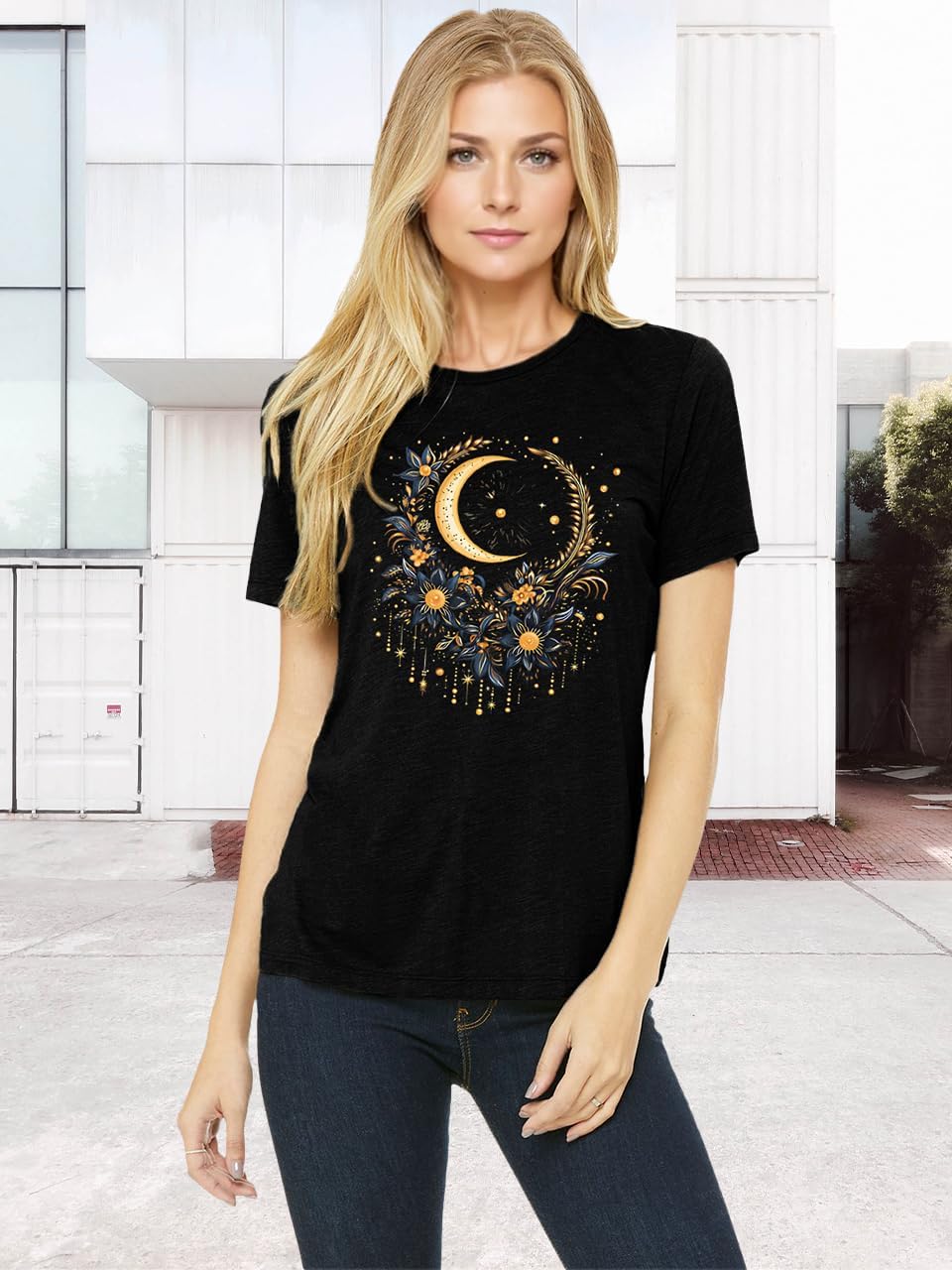 Women Mystical Moon and Sun Flower Shirt Vintage Wildflower T Shirts Boho Graphic Tees Short Sleeve Celestial Moon Tops - Image 2