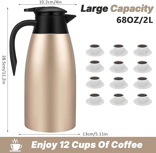 Miniatura 3 de Jarras térmicas de café de 68 onzas para mantener el calor, jarra térmica de acero inoxidable de 2 litros, jarra aislada al vacío de doble pared