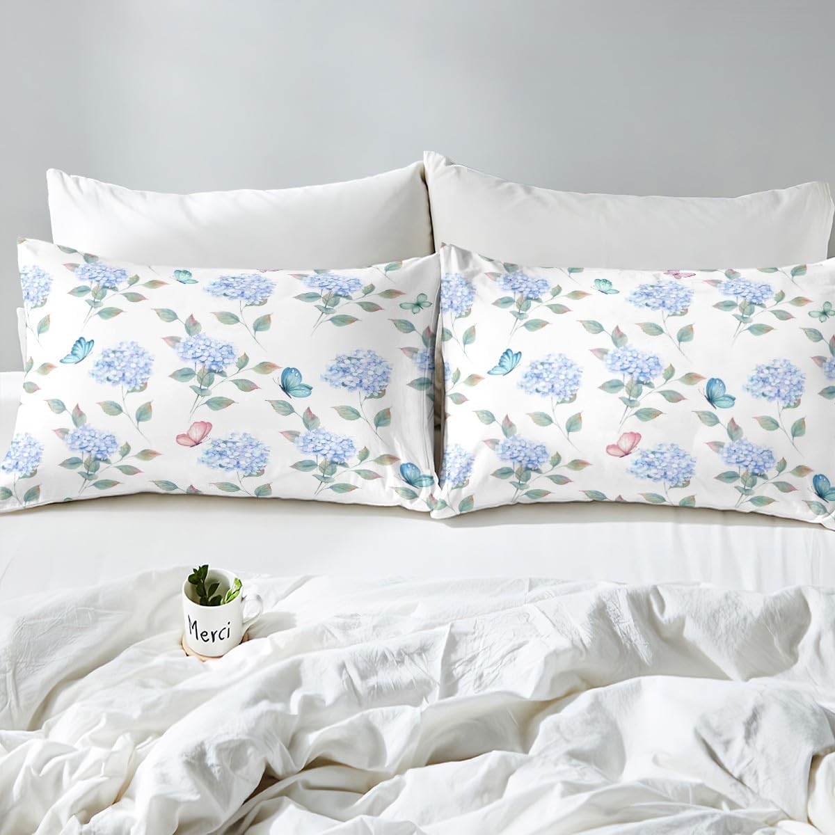Erosebridal Blue Hydrangea Bed Sheets Chic Floral Fitted Sheet Full Size, Rainbow Butterfly Bedding Spring Flower Sheet, Super Cozy Lightweight Bed Cover Green Leaf Decor (Deep Pocket)
